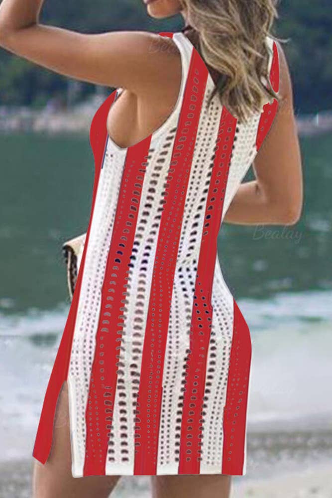 4th of July America Eyelet Beach Cover Up ZZKF1104: Blue / M