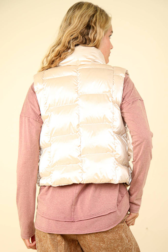 Shiny Metallic Zip Up Puffer Vest: Silver