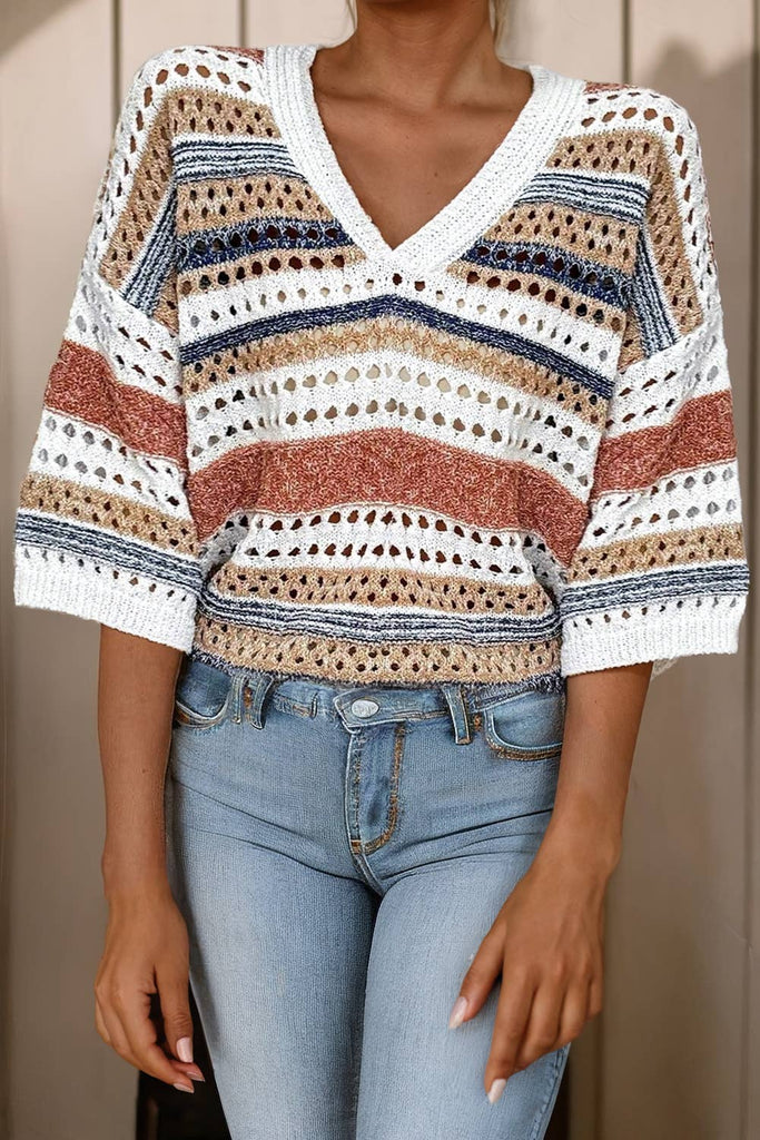 Women Striped Pattern Hollow Out V Neck Sweater Top |  L