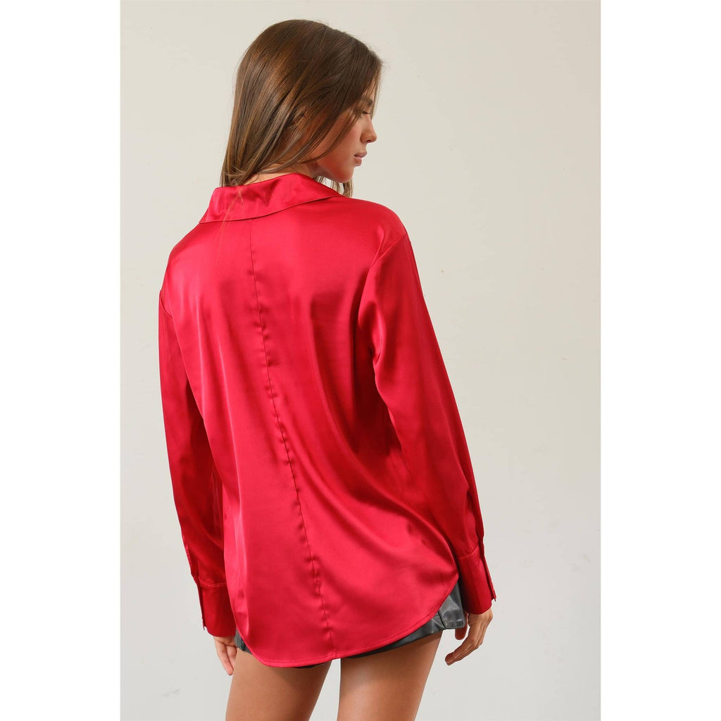 Satin Button Front Shirt: RED / M