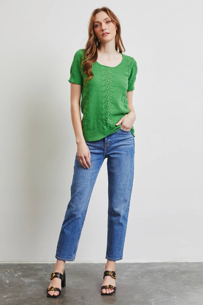 FLATTERING KNIT FABRIC SWEATER WITH PUFF SLEEVES: SHAMROCK GREEN / L