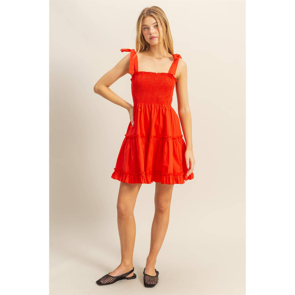 Poplin Self-Tie Straps Tiered Dress