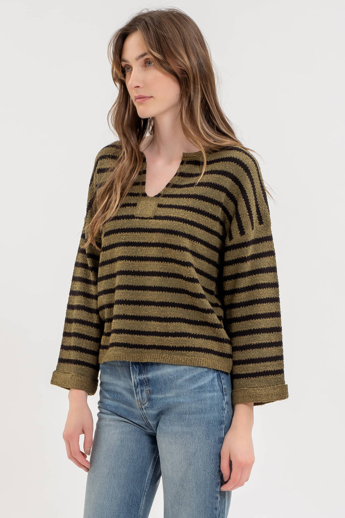 STRIPE SPLIT NECK LONG SLEEVE KNIT SWEATER: BLACK