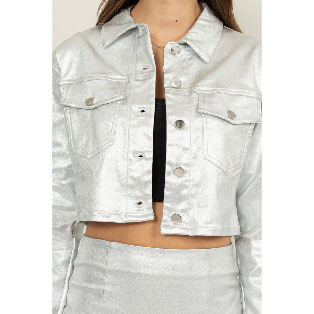 CROPPED METALLIC JACKET: SILVER / M