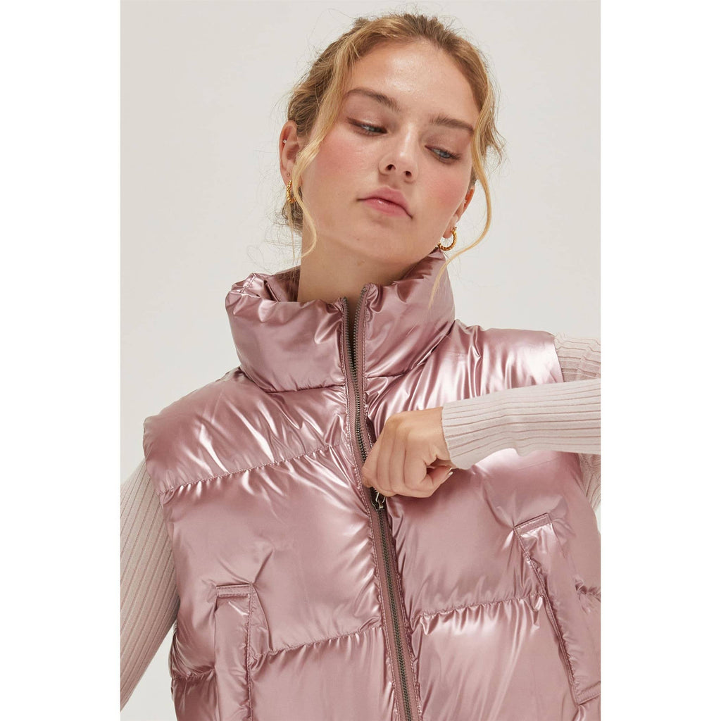 Metallic Puffer Vest: PINK / M