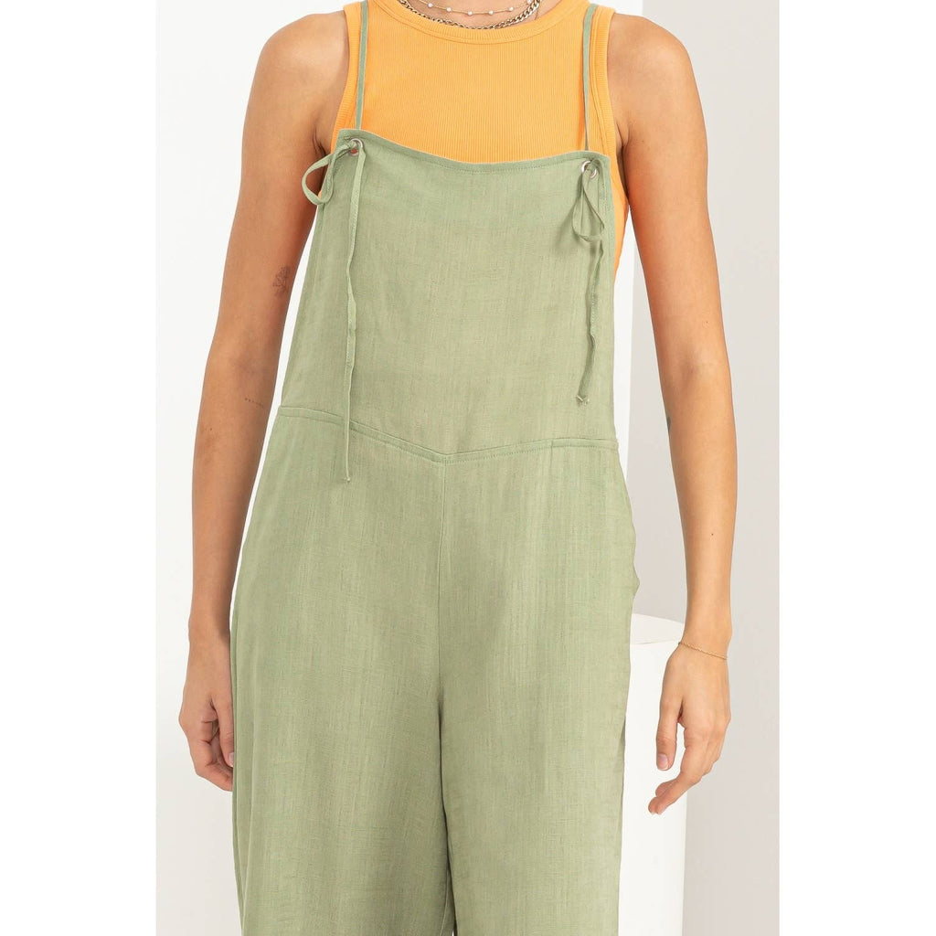 TIE SHOULDER JUMPSUIT: L / OLIVE