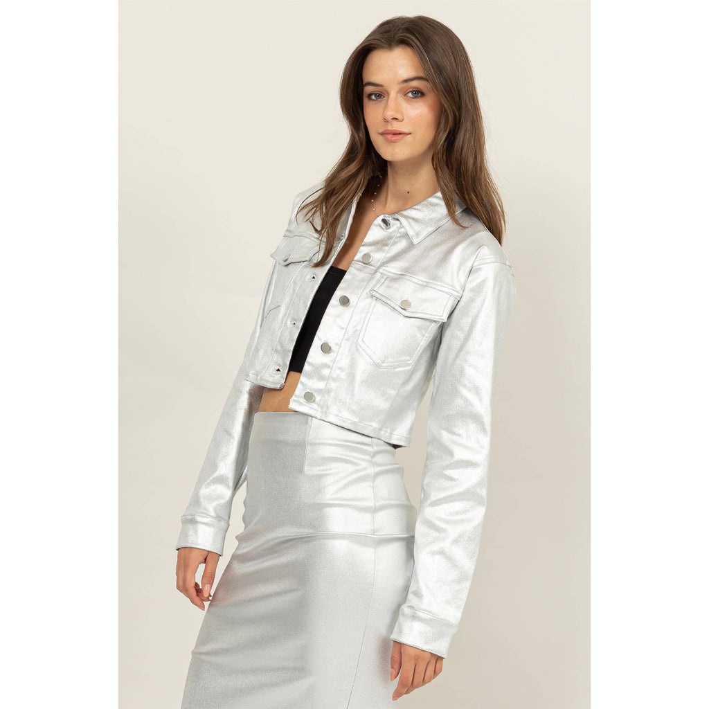 CROPPED METALLIC JACKET: SILVER / M