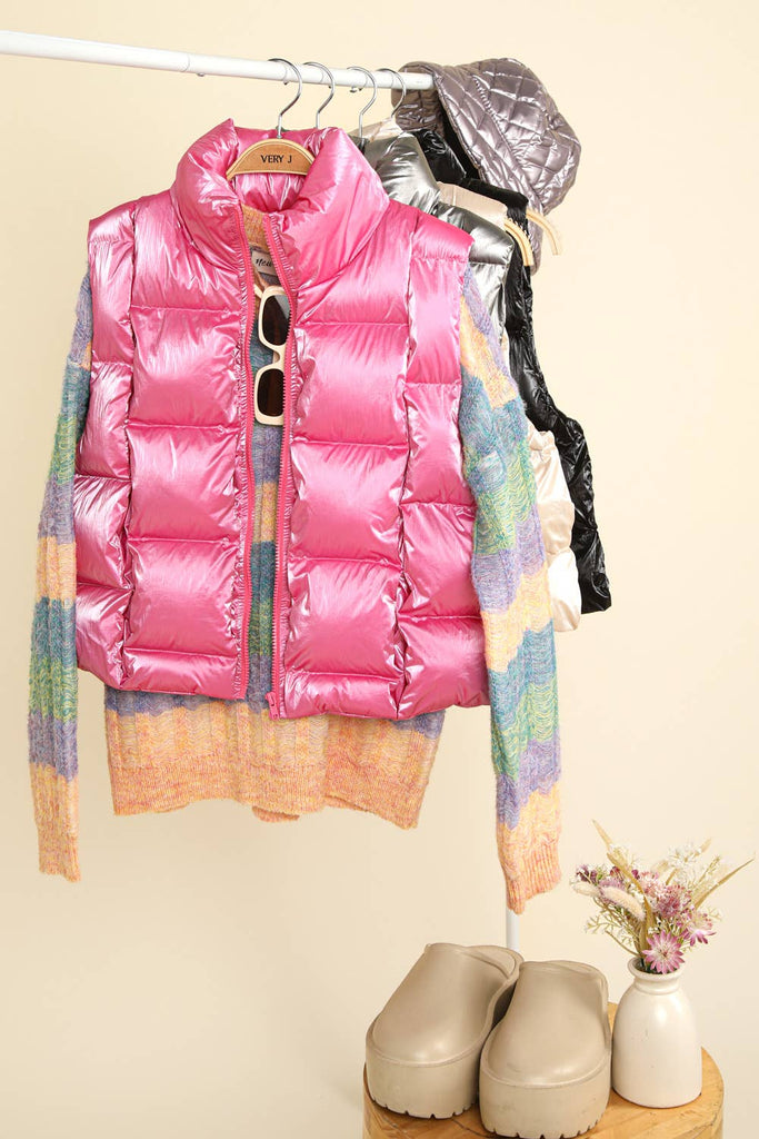 Shiny Metallic Zip Up Puffer Vest: Silver