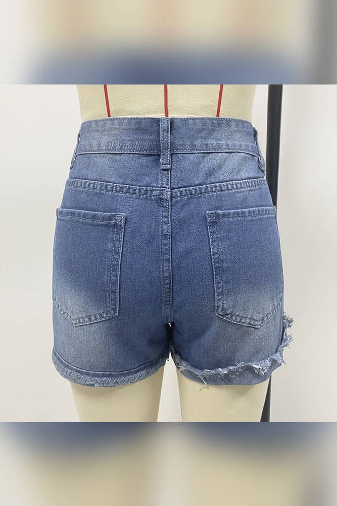 US Flag Independence Day Patchwork Ripped Denim Shorts: Blue / L