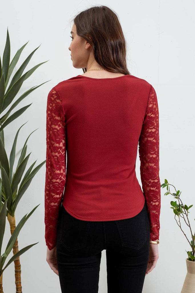 LACE TRIM V NECK LONG SLEEVE KNIT TOP: BURGUNDY