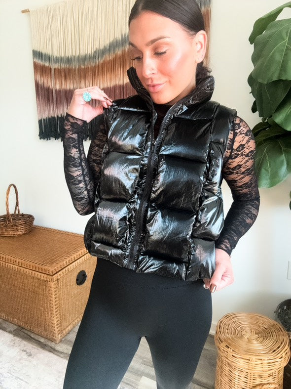 Shiny Metallic Zip Up Puffer Vest: Black