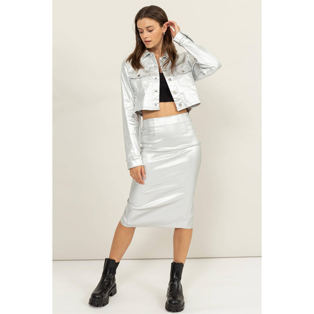 CROPPED METALLIC JACKET: SILVER / M