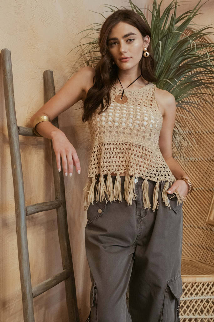 CROCHET KNIT FRINGE HEM TANK TOP: OLIVE small