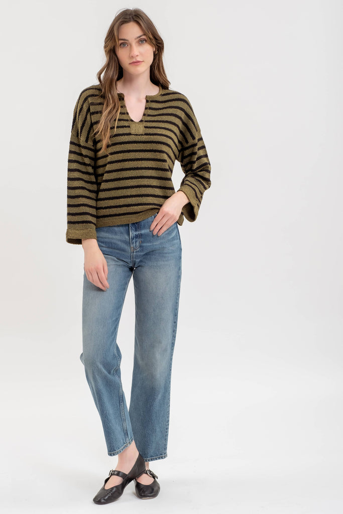 STRIPE SPLIT NECK LONG SLEEVE KNIT SWEATER: BLACK