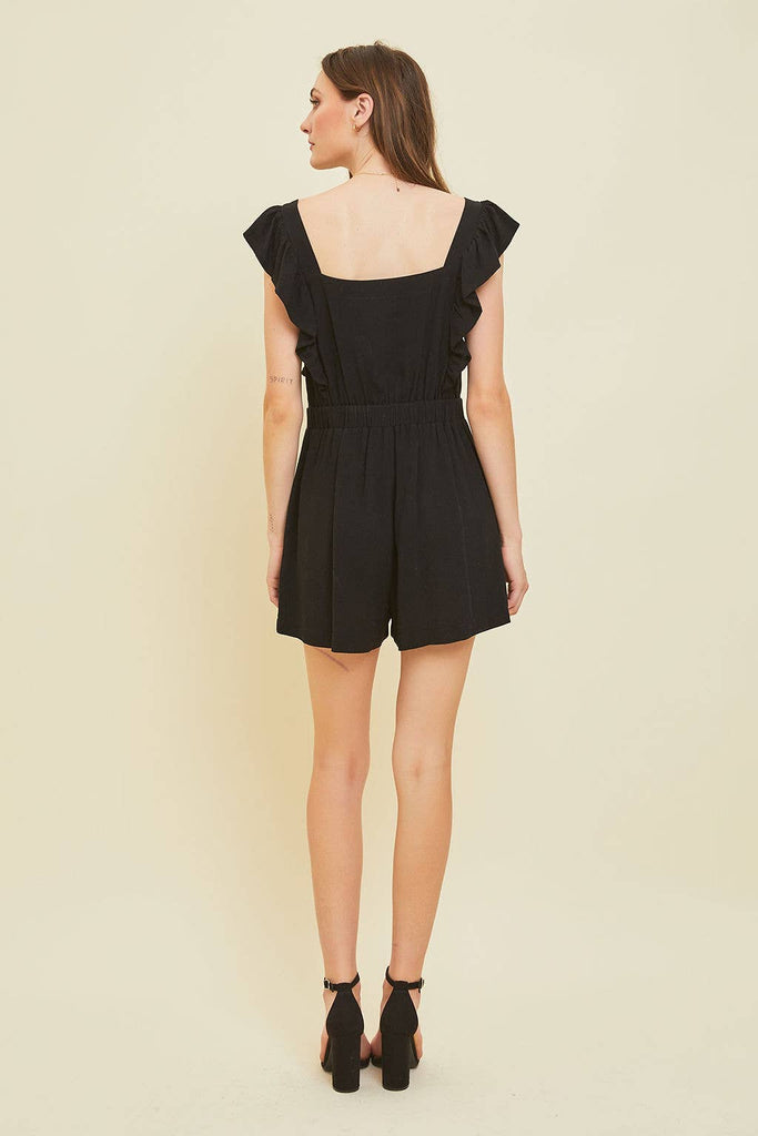 ZIP FRONT ROMPER WITH RUFFLED STRAPS: M / Black