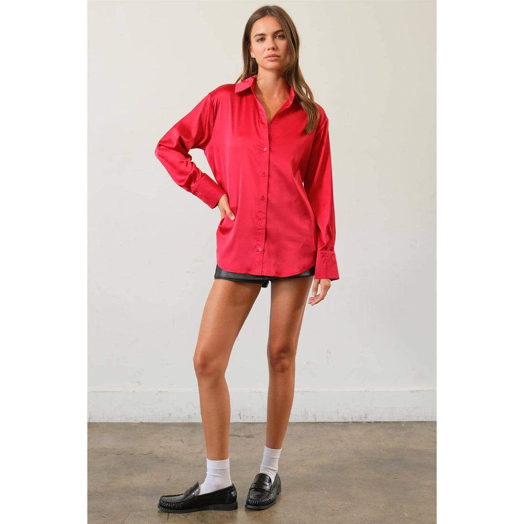 Satin Button Front Shirt: RED / M