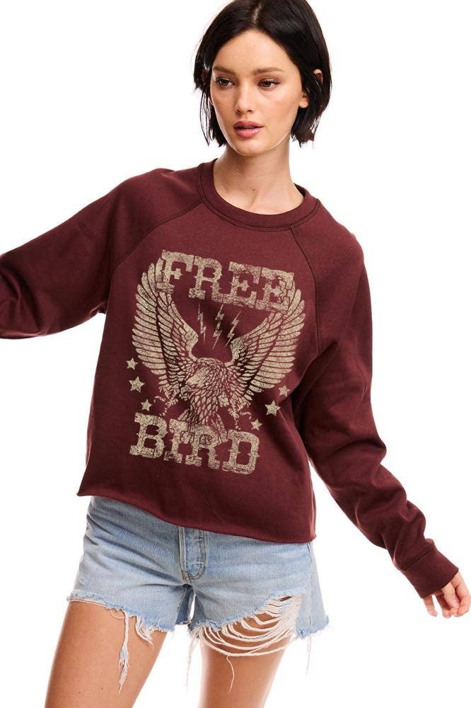 Free Bird Vintage Graphic L/S Faux Crop Sweatshirts: RED / S