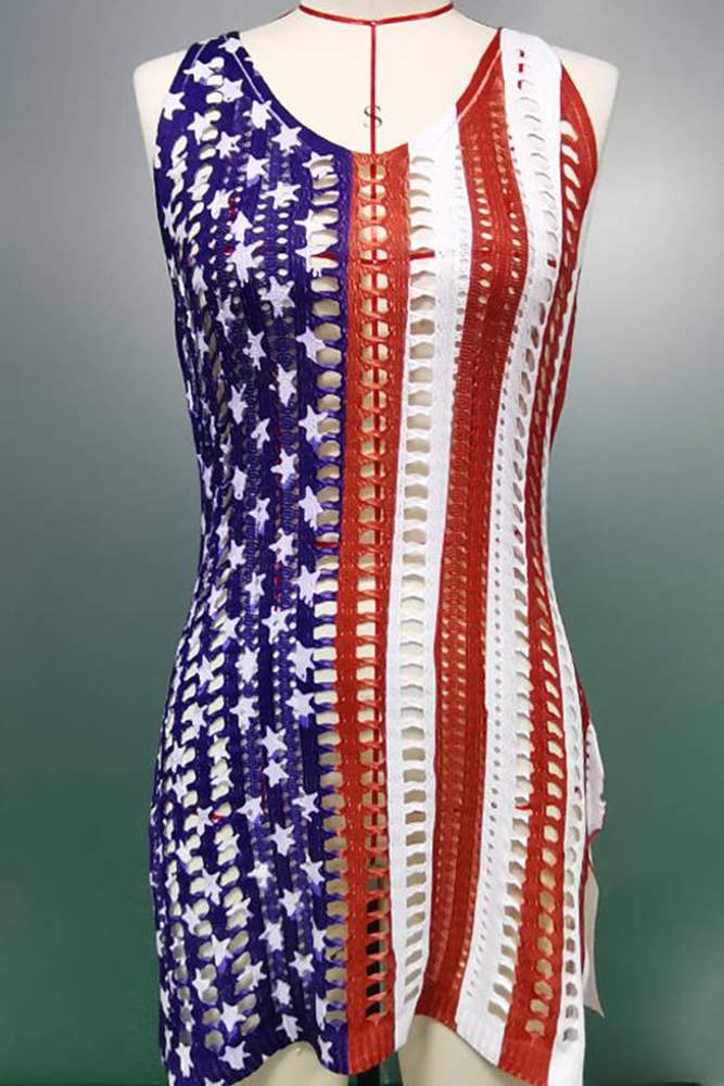 4th of July America Eyelet Beach Cover Up ZZKF1104: Blue / M