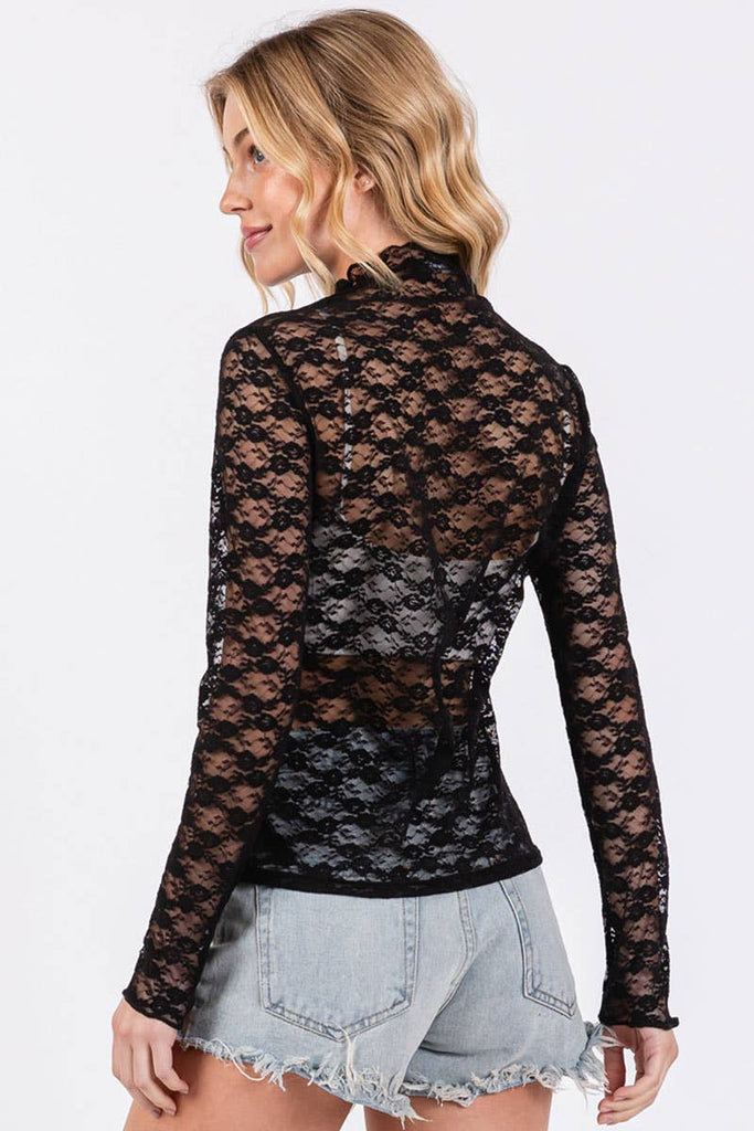 FLORAL SHEER LACE TOP: WHITE / M