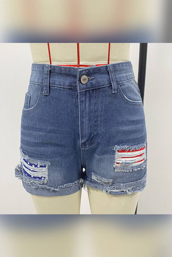 US Flag Independence Day Patchwork Ripped Denim Shorts: Blue / L