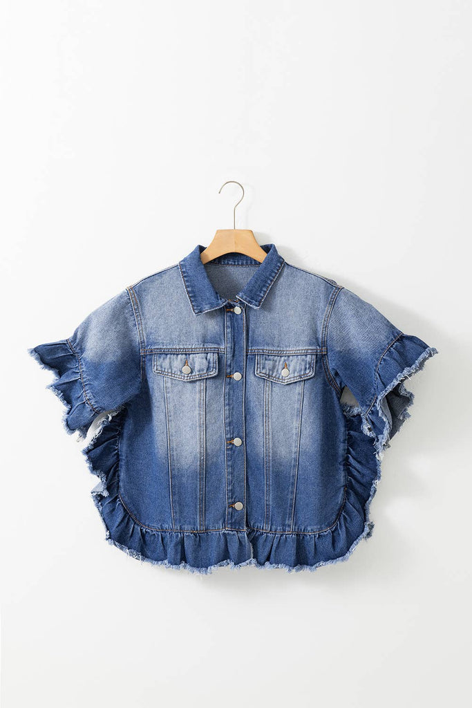 Women Raw Edge Ruffled Short Sleeve Denim Jacket | S-XL: As shown / Missy / L