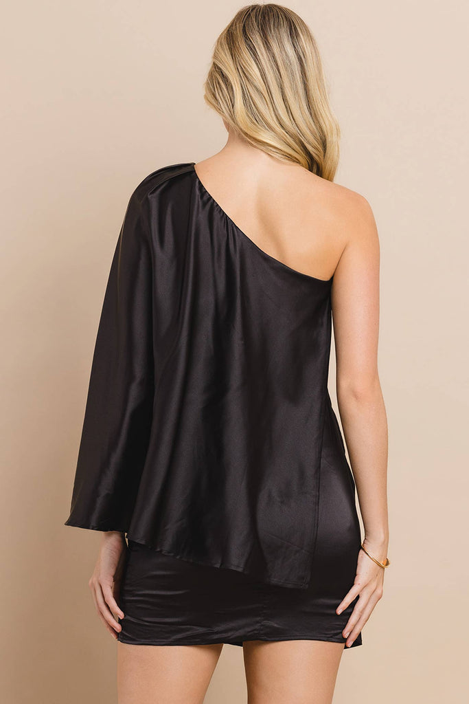 Satin Draped One Shoulder Dress: Black / XL