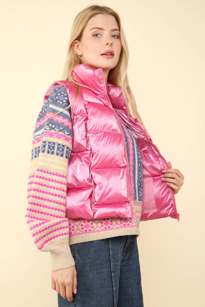 Shiny Metallic Zip Up Puffer Vest: Silver