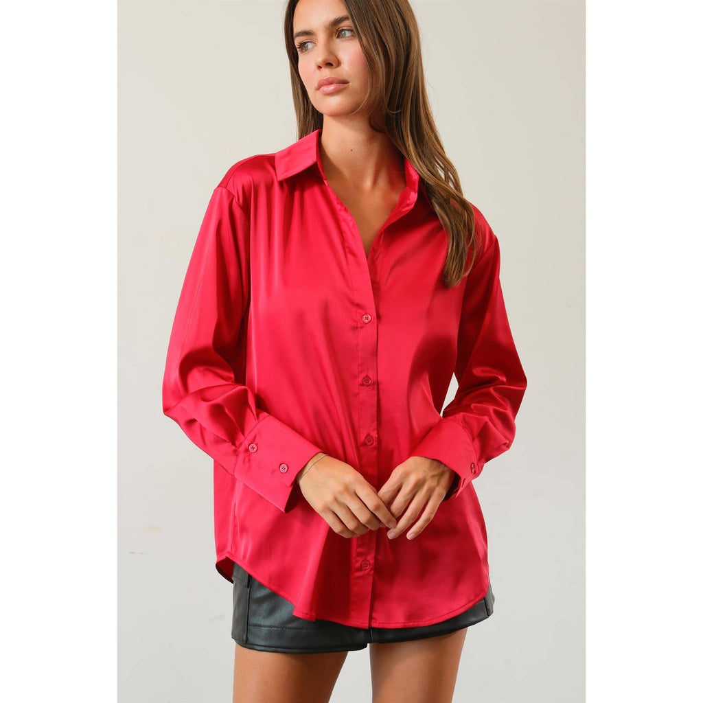 Satin Button Front Shirt: RED / M