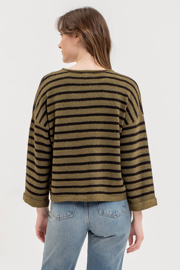 STRIPE SPLIT NECK LONG SLEEVE KNIT SWEATER: BLACK