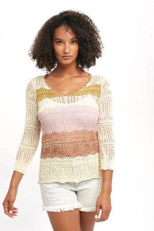Open Knit Sweater: Beige/olive / L