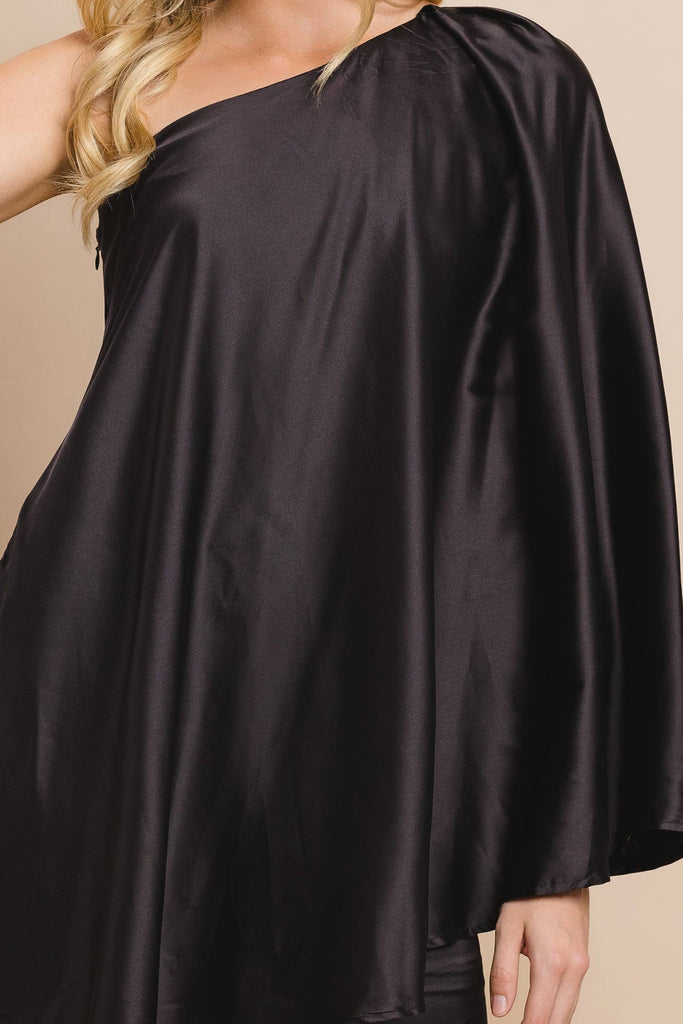 Satin Draped One Shoulder Dress: Black / XS