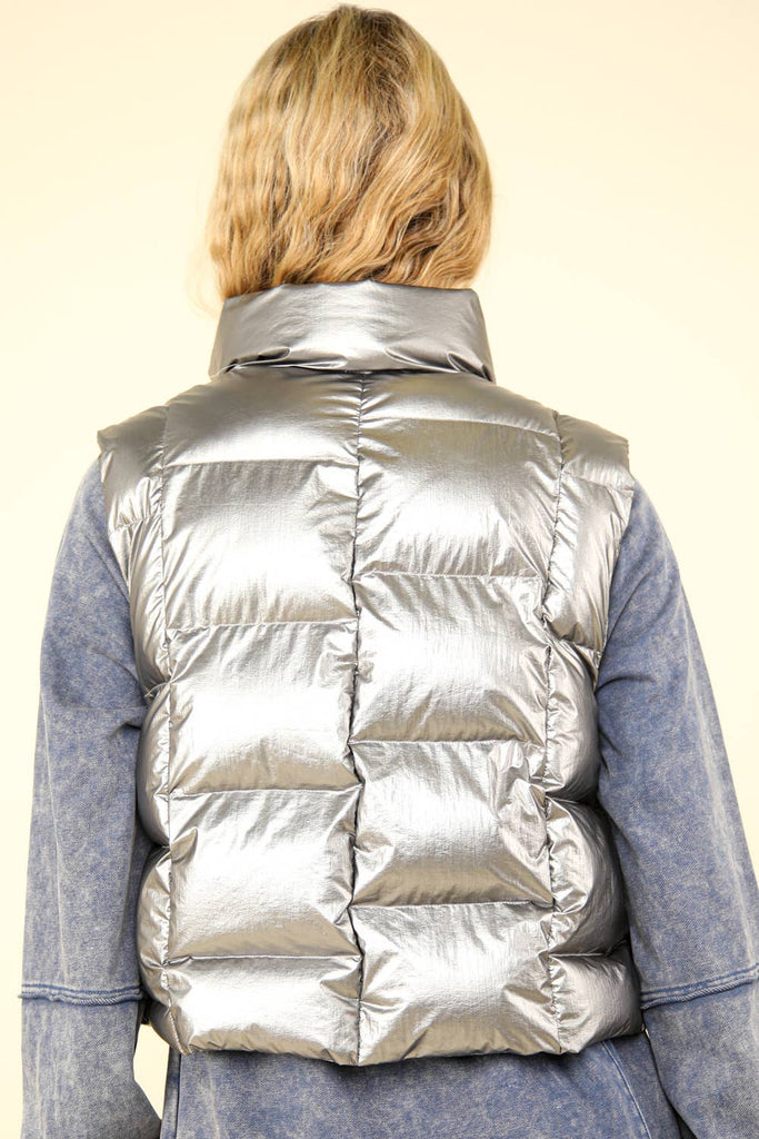 Shiny Metallic Zip Up Puffer Vest: Silver