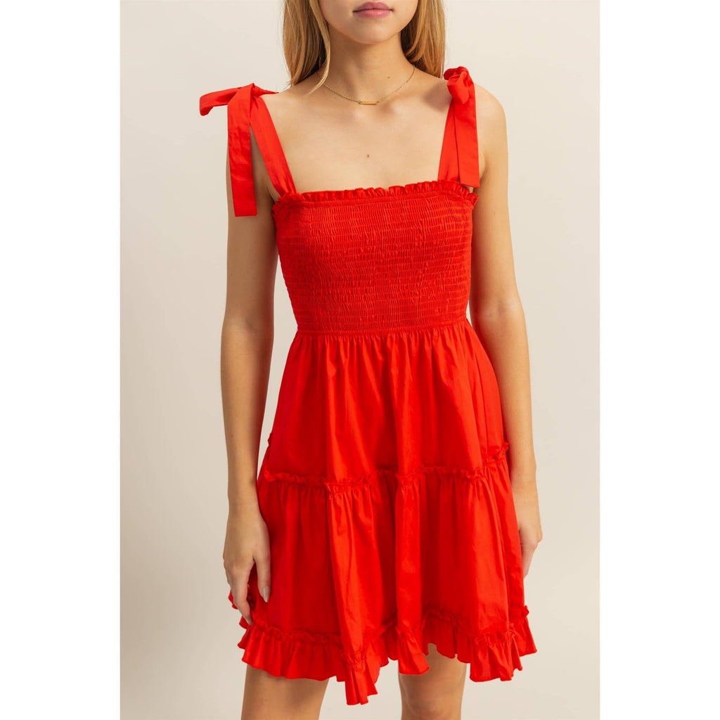 Poplin Self-Tie Straps Tiered Dress