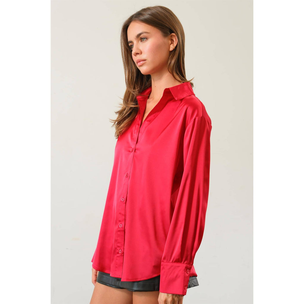 Satin Button Front Shirt: RED / M