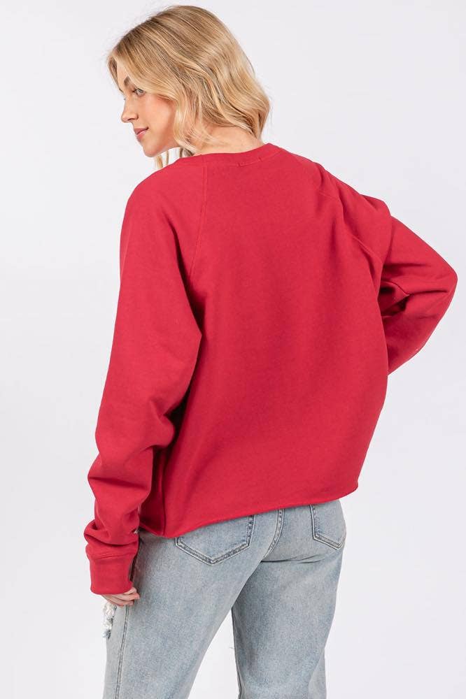 Free Bird Vintage Graphic L/S Faux Crop Sweatshirts: RED / S