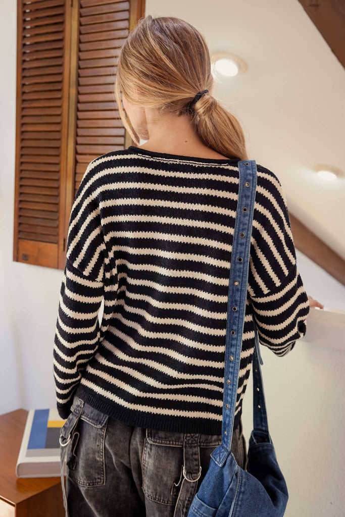 STRIPE SPLIT NECK LONG SLEEVE KNIT SWEATER: BLACK