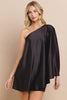 Satin Draped One Shoulder Dress: Black / XL