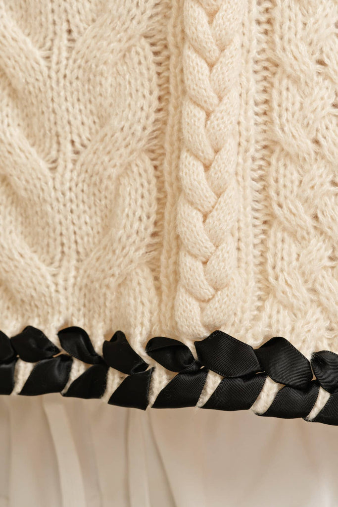 CABLE KNIT DROP SHOULDER CONTRAST STITCH SWEATER: Cream / M