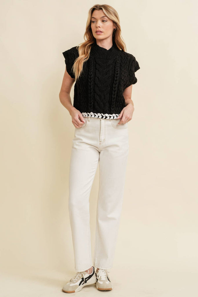 CABLE KNIT DROP SHOULDER CONTRAST STITCH SWEATER: Cream / M