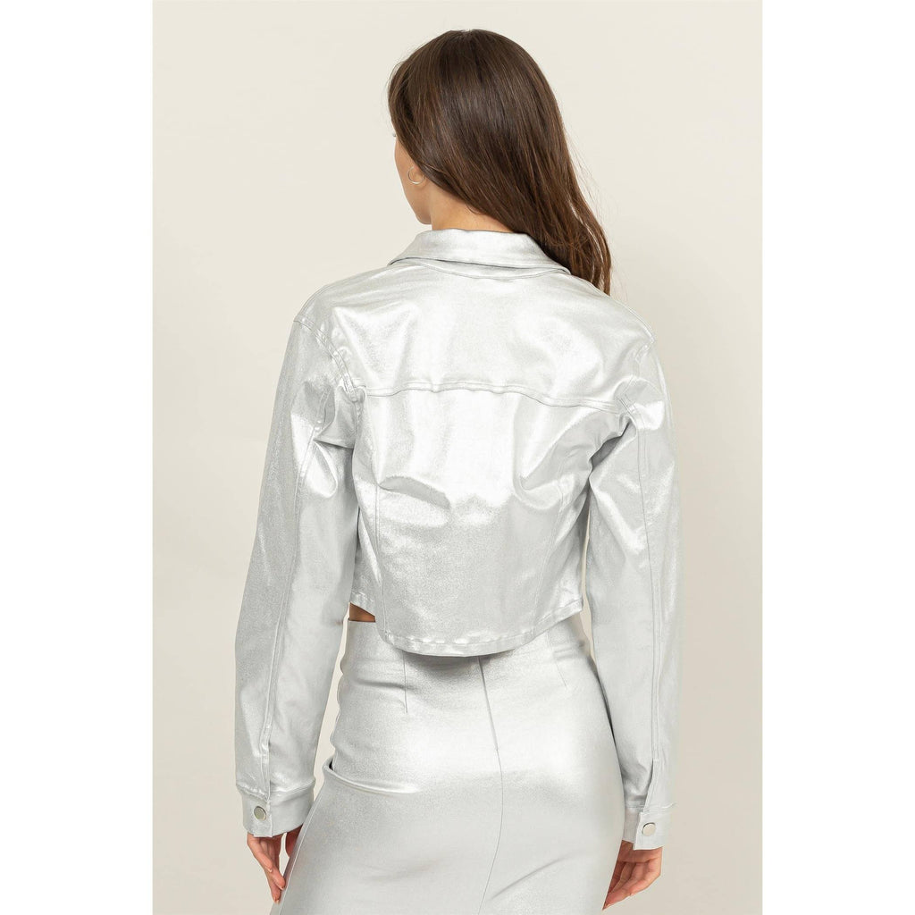 CROPPED METALLIC JACKET: SILVER / M