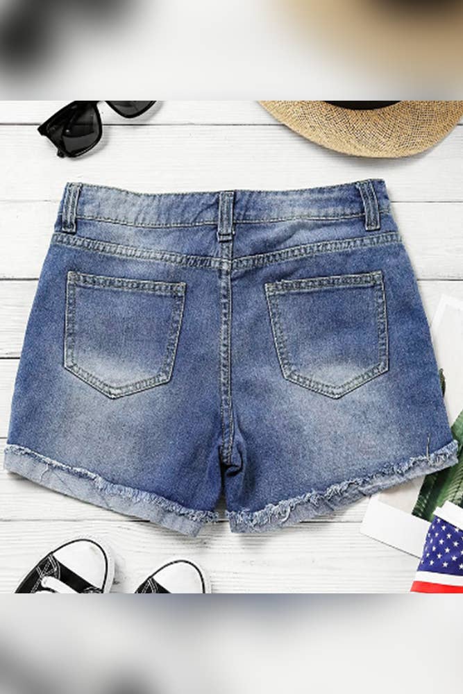 US Flag Independence Day Patchwork Ripped Denim Shorts: Blue / L