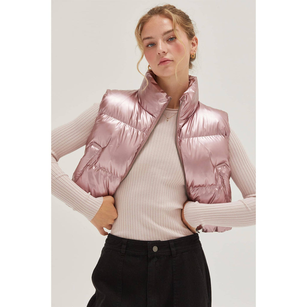 Metallic Puffer Vest: PINK / M