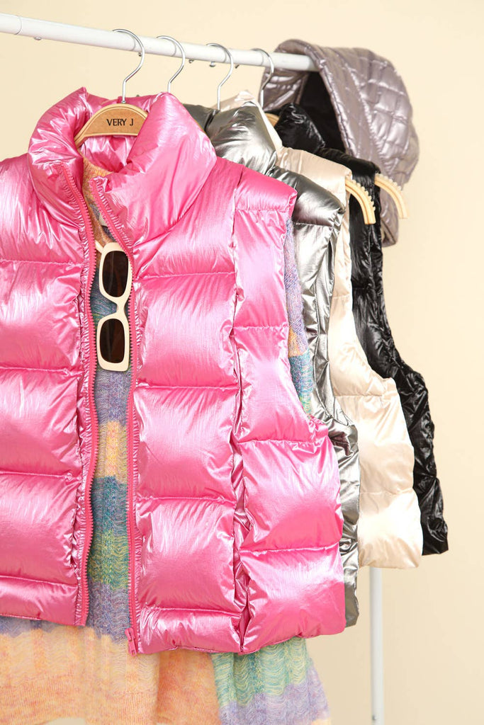 Shiny Metallic Zip Up Puffer Vest: Silver