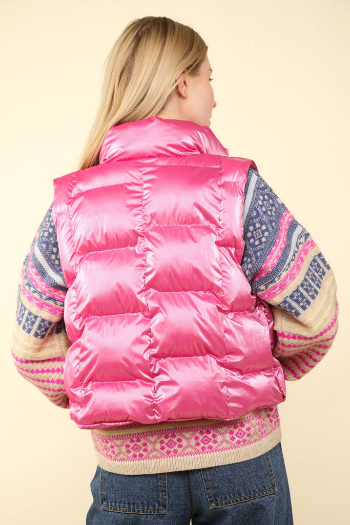 Shiny Metallic Zip Up Puffer Vest: Silver