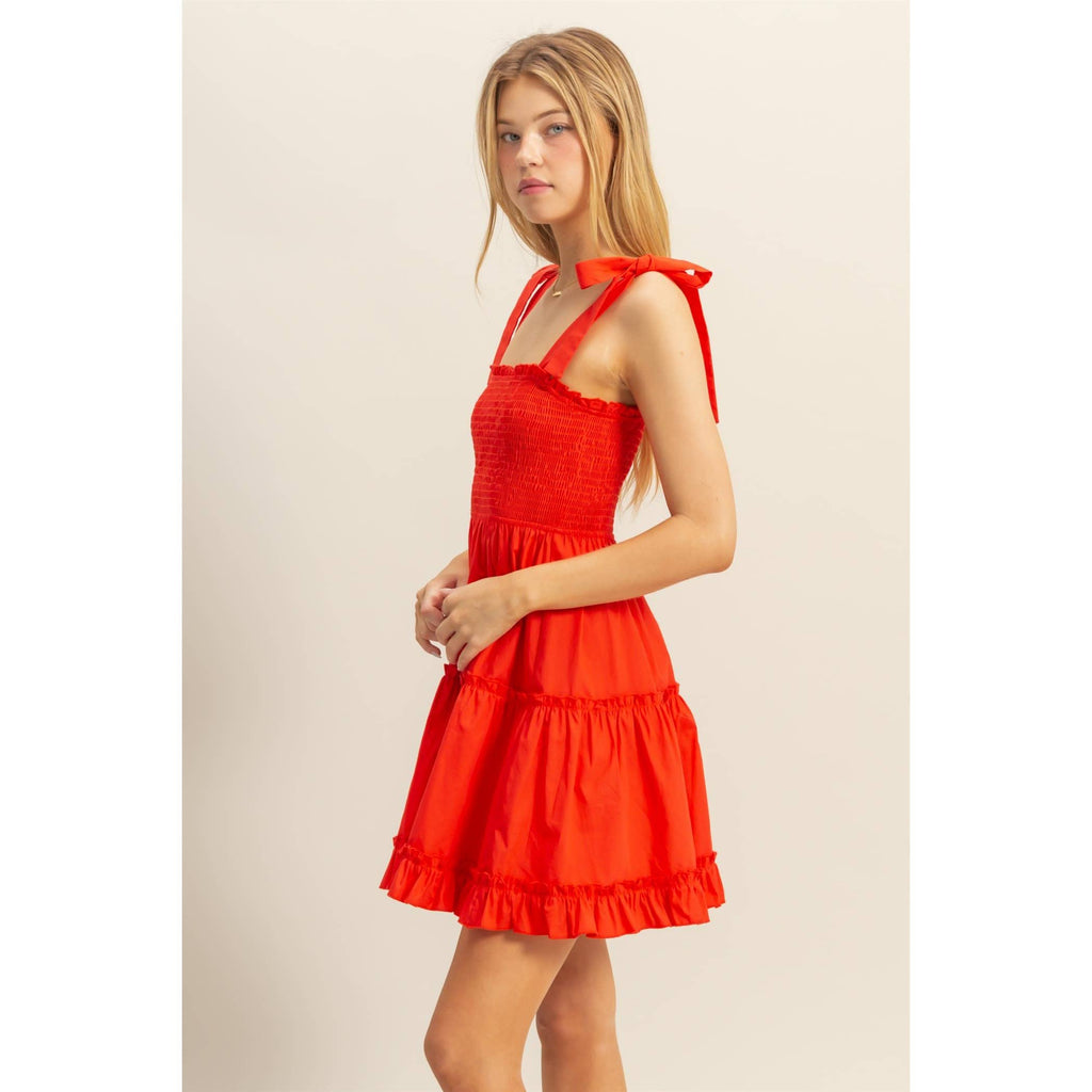 Poplin Self-Tie Straps Tiered Dress