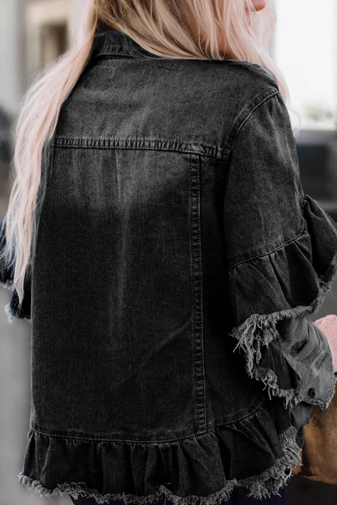 Women Raw Edge Ruffled Short Sleeve Denim Jacket | S-XL: As shown / Missy / L