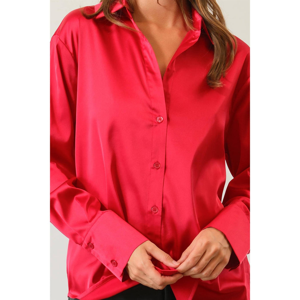 Satin Button Front Shirt: RED / M