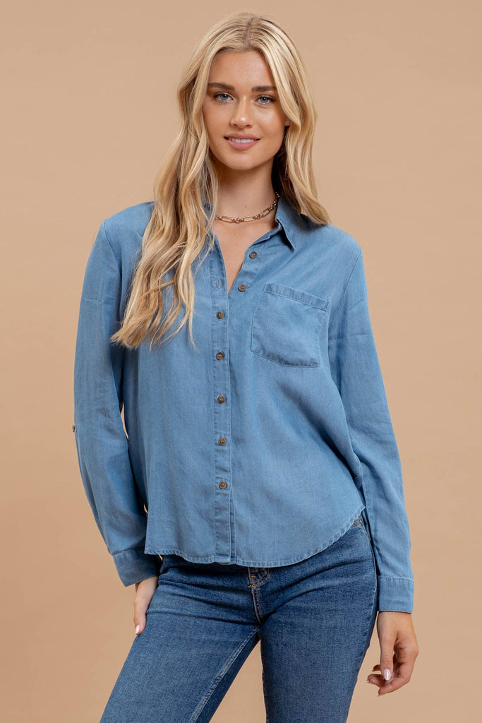 TAB SLEEVE COLLARED BUTTON DOWN CHAMBRAY TOP: CHAMBRAY