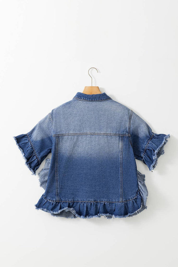 Women Raw Edge Ruffled Short Sleeve Denim Jacket | S-XL: As shown / Missy / L