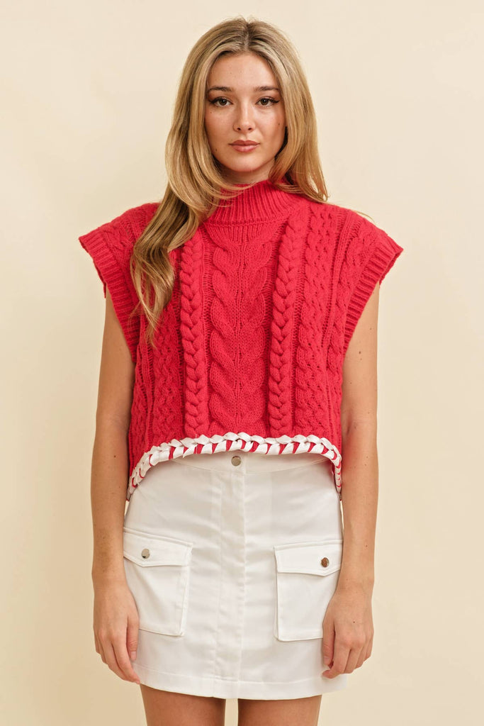 CABLE KNIT DROP SHOULDER CONTRAST STITCH SWEATER: Cream / S